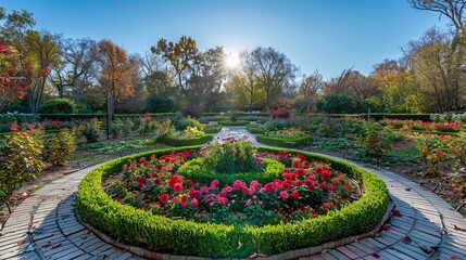 Rose garden with holographic garden info displays and abundant copy space.