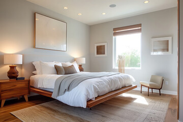 Obraz premium Minimalist bedroom with a comfortable bed, wood flooring with rug, artworks on the wall and a window