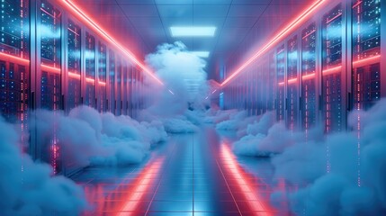 Naklejka premium Cloud landing zone in a data center with blizzards, red and blue. Generative AI.