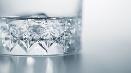 Close-up of an elegant crystal glass with intricate patterns on its base showcasing its detailed design, perfect for high-end stock photos.
