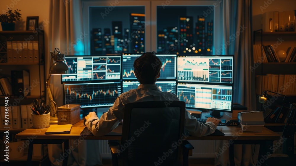 Poster A person sits at a desk with multiple monitors showing stock charts. They are working late at night in a home office.
