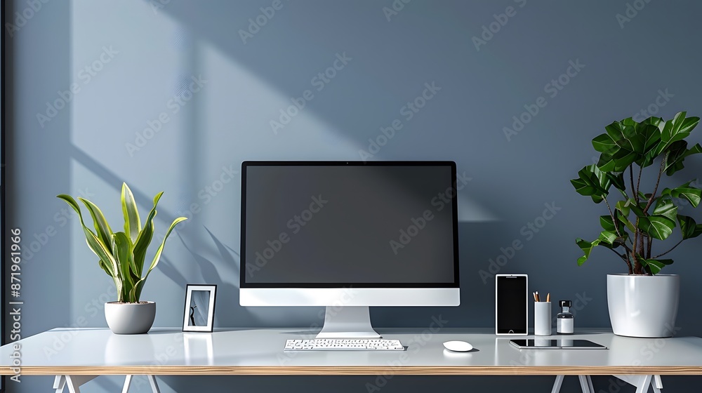 Fototapete A sleek workspace featuring a high-tech computer and wireless accessories, positioned against a cool grey wall. Web banner format with ample negative space on the left for text or graphics.