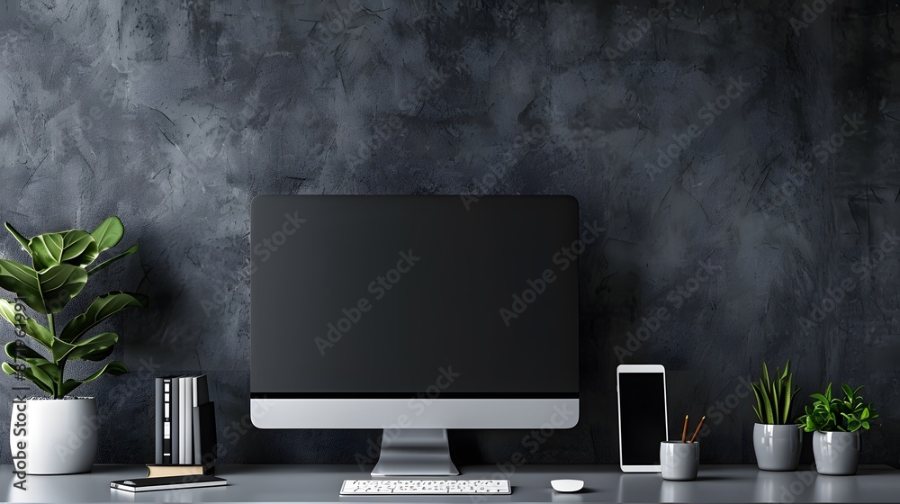 Poster a sleek workspace featuring a high-tech computer and wireless accessories, positioned against a cool