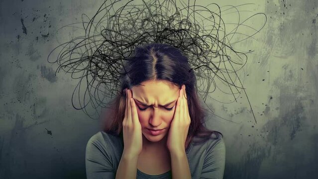 Young woman with hands on temples, overwhelmed by tangled, chaotic thoughts. Headache or ADHD concept