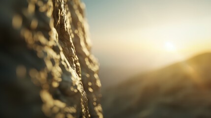 Close-up of sunlit textured rock with a serene mountain landscape in the background during golden hour.