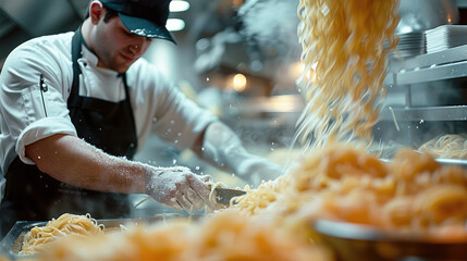 The cook prepared pasta in a restaurant. Generative AI.