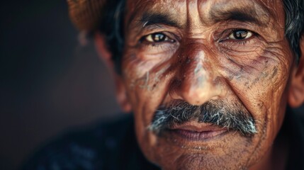 close-up portrait of a Mexican senior man looking at the camera with typical hat