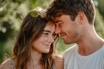In Spain's garden, summer park, or backyard, couple, love, and forehead touch for care, pleasure, and comfortable living Love, smile, and date of happy couples