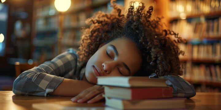 Sleeping and exhausted bookish student University exam preparation, library or education workplace learning. School research burnout in English, literature college women