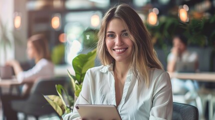 A businesswoman using a tablet in an office meeting with a team. Professional employee doing research on a company website for a collaboration project in a conference room.