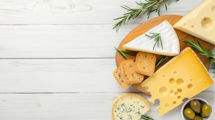 A wooden cutting board sits on a white wooden table with various cheeses, olives, and rosemary sprigs