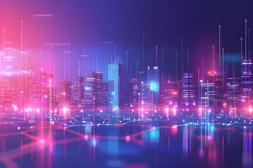 Urban landscape with integrated graphic network elements symbolizing digital infrastructure and smart city concepts background