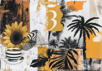 Paper vintage photo collage in mixed media with torn piece of paper and splashes of color, zebra, sunflower, palm, numbers collage in orange brown colors 