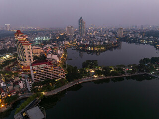 Obraz premium Aerial drone top view of Thanh Nien street at twilight with Tran Quoc temple
