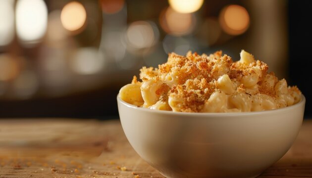 Delicious baked mac and cheese with crunchy breadcrumb topping served in a white bowl on a rustic wooden table.