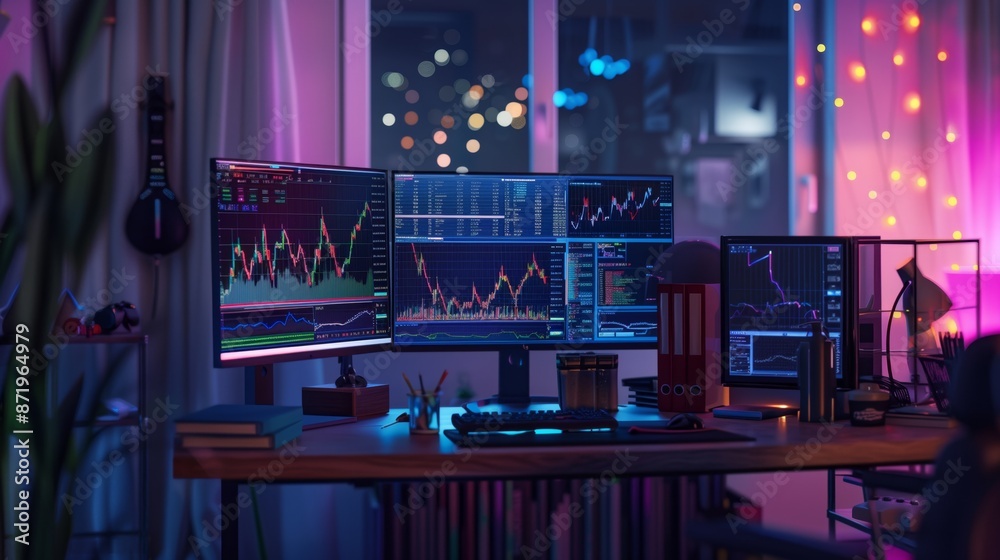 Poster A close-up shot of a desk at night with multiple monitors displaying stock charts, showcasing a serious traders setup.