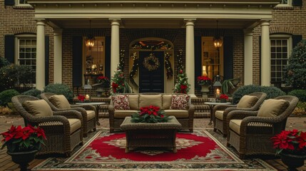 Create a cozy outdoor lounge area with plush seating, warm blankets, and flickering fire pits surrounded by festive holiday decor.