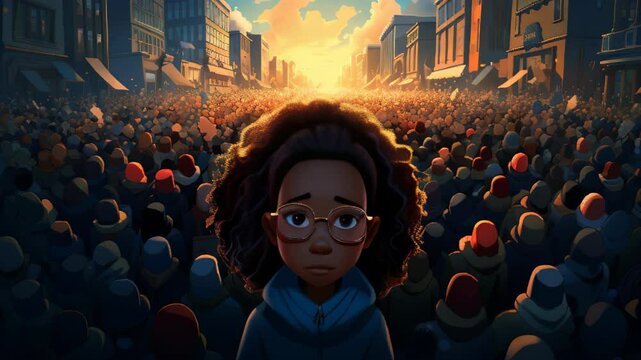 A young girl stands in the middle of a crowd of people. The crowd is very large and the girl is looking down. Scene is sad and lonely