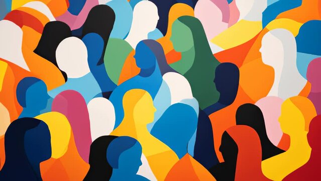 A colorful drawing of people with different colored hair and faces. The drawing is of a crowd of people, with some people being more prominent than others
