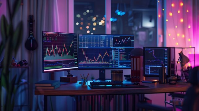 A close-up shot of a desk at night with multiple monitors displaying stock charts, showcasing a serious traders setup.
