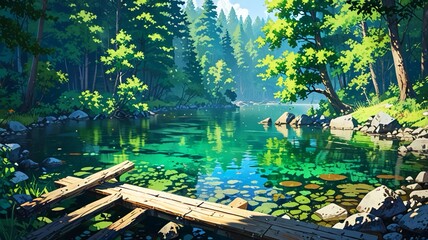 Peaceful green forest reflecting in calm lake by a wooden dock anime wallpaper