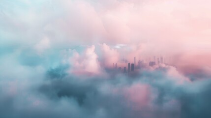 Obraz premium Dreamy cityscape above the clouds with a pastel pink and blue sky, creating a surreal and ethereal atmosphere perfect for creative projects.