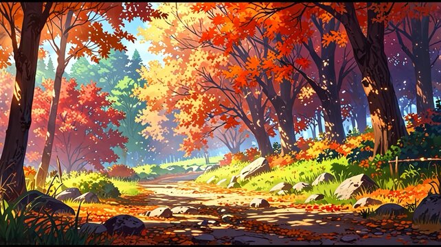 A serene autumn scene with colorful trees and a quiet path, anime wallpaper