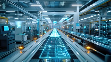 Modern manufacturing shop floor, holographic overlays symbolizing data flows between different manufacturing equipment, trays with manufactured parts at various locations in the shop floor.