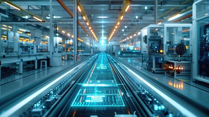 Modern manufacturing shop floor, holographic overlays symbolizing data flows between different manufacturing equipment, trays with manufactured parts at various locations in the shop floor.