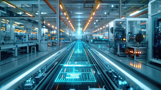 Modern manufacturing shop floor, holographic overlays symbolizing data flows between different manufacturing equipment, trays with manufactured parts at various locations in the shop floor.