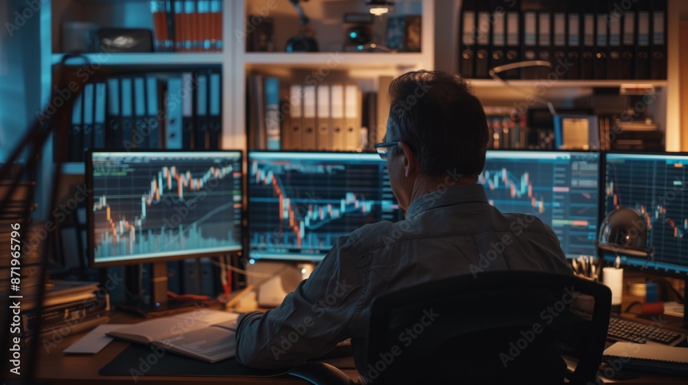 Aufkleber A man sits in front of multiple computer monitors displaying stock market charts, analyzing data in a dimly lit home office.