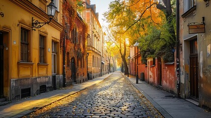 Fototapeta premium Autumn view of the birch street in the morning in Warsaw's Old Town, Poland