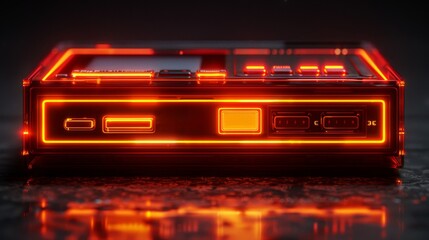 Create a neon light display of a retro video game console, inviting players to press start and embark on an