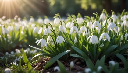 Obraz premium Charming snowdrop falling on beautiful summer colourful flowers in morning sunlight