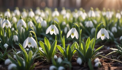 Obraz premium Charming snowdrop falling on beautiful summer colourful flowers in morning sunlight