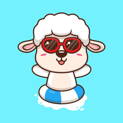 Cute sheep in sunglasses floating with swimming. flat cartoon style
