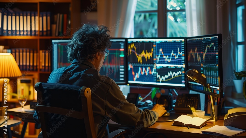 Leinwandbilder A man sits at his desk, analyzing stock charts displayed on multiple computer monitors. He is working from home in a dimly lit room.