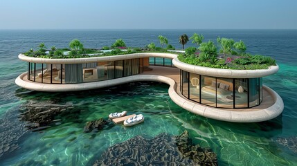 Create an image of a futuristic floating city with roads that extend out over the ocean, supported by advanced buoyancy