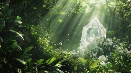 Fototapeta premium Artistic depiction of a sparkling crystal amidst lush greenery and dappled sunlight, creating a magical atmosphere in an enchanted forest
