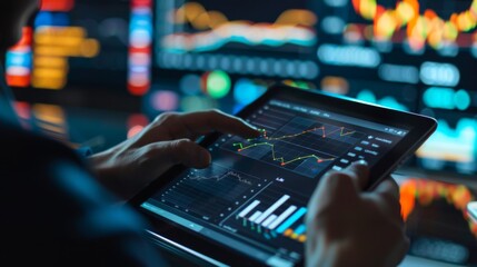 A business analyst analyzing data trends on a tablet with interactive graph visualizations