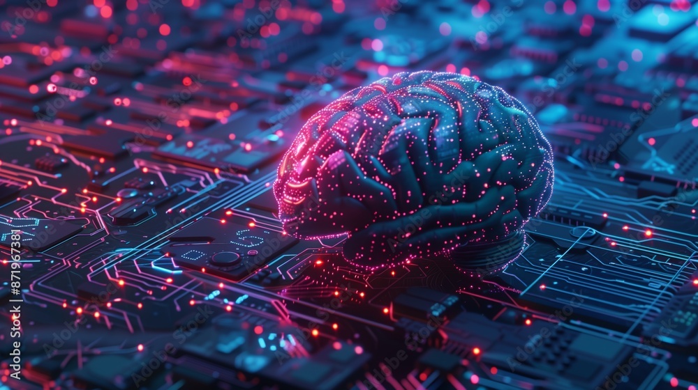 Poster A 3D rendering of a brain on a circuit board with glowing blue and red lines, symbolizing the intersection of technology and the human mind.