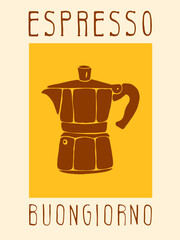 Modern Poster Placat with Moka Espresso Coffee Machine in Block Print Style for Kitchen Bistro Restaurant 