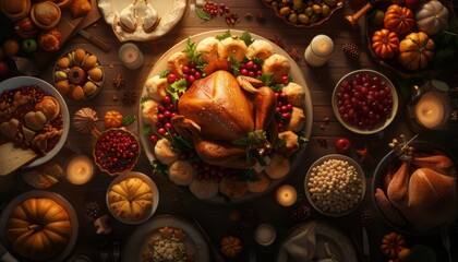 Fototapeta premium Festive Thanksgiving dinner spread with roasted turkey, pumpkins, and candles, creating a warm holiday ambiance.