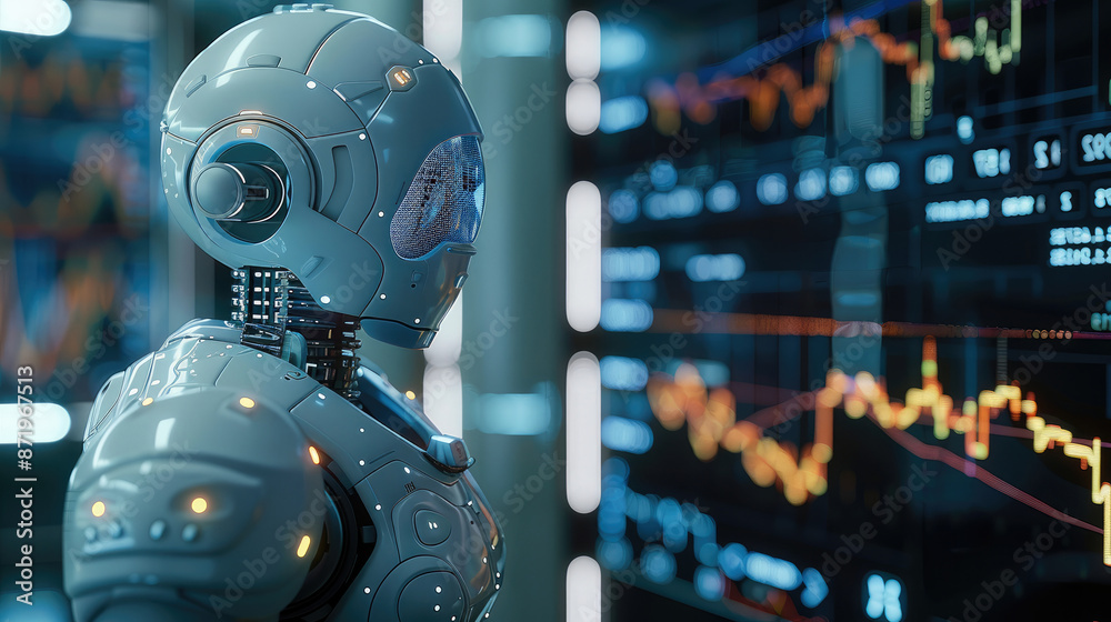 Poster Trading robot standing and analyzing the crypto trading graph, symbolizing the graph growth up and artificial intelligence for stock market analysis. Generative AI.