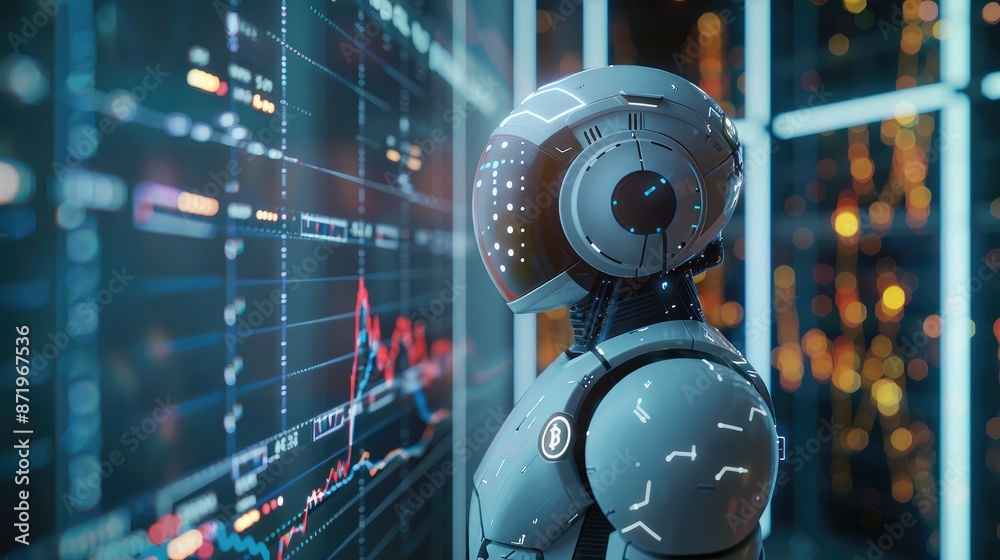 Poster Trading robot standing and analyzing the crypto trading graph, symbolizing the graph growth up and artificial intelligence for stock market analysis. Generative AI.