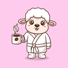 Cute sheep drinking coffee cartoon icon illustration. Animal drink icon concept isolated flat cartoon style
