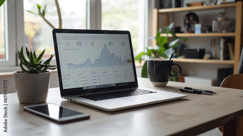 Poster A laptop computer displaying a data analytics graph sits on a desk next to a window. A coffee mug, pens, and a plant add to the scene.