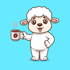 Cute sheep drinking coffee cartoon icon illustration. Animal drink icon concept isolated flat cartoon style