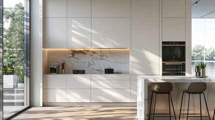 Simple cabinet construction, centered in the kitchen with marble countertop, wooden floor, light colored walls. Generative AI.
