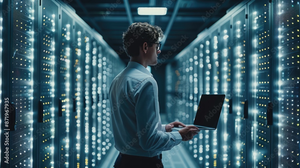 Poster in a big data center full of rack servers, an it technician works on a laptop. diagnoses, maintains,